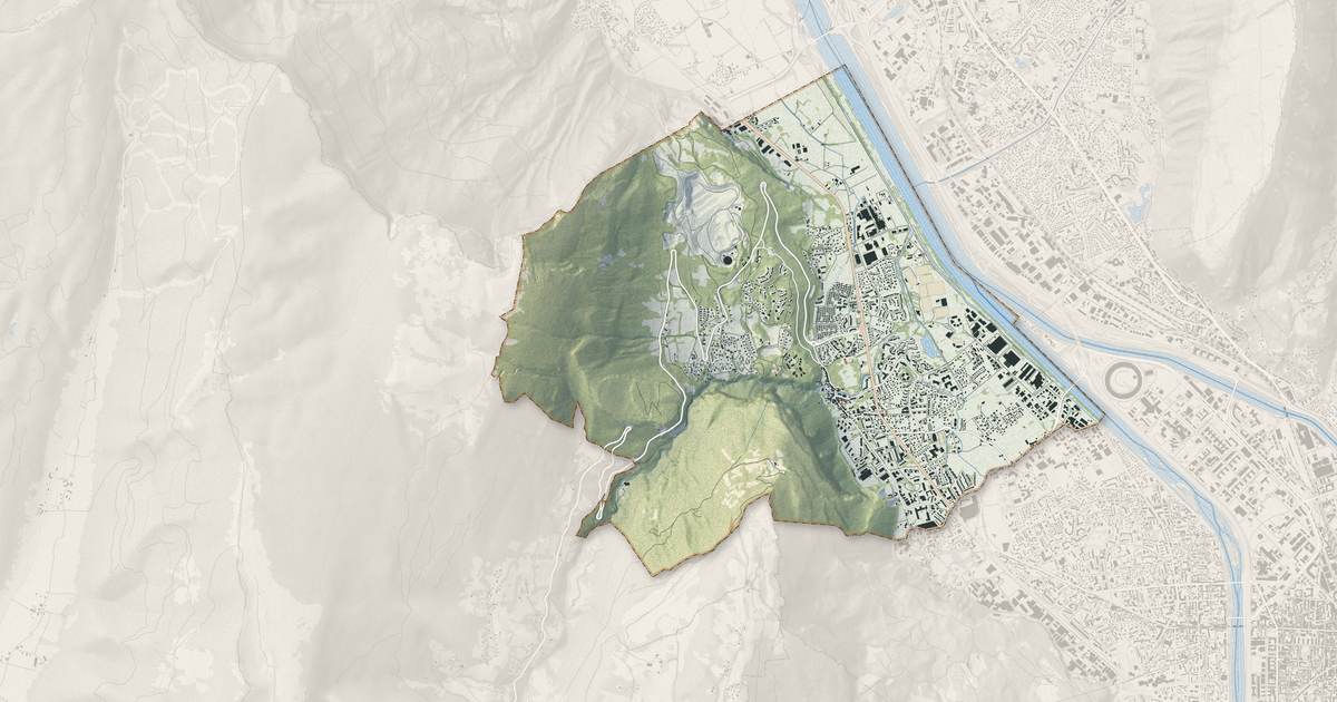 Portrait cartographique de Sassenage : relief, eau, forêts, bâti et voies, calculés à partir des données de l'IGN