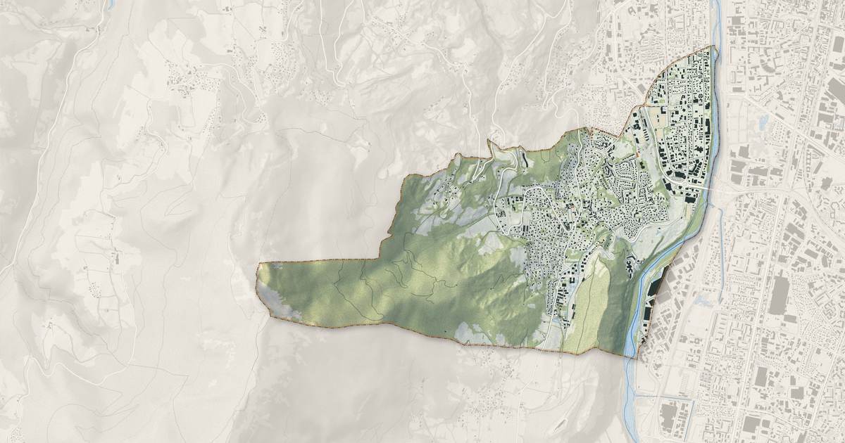 Portrait cartographique de Seyssins : relief, eau, forêts, bâti et voies, calculés à partir des données de l'IGN