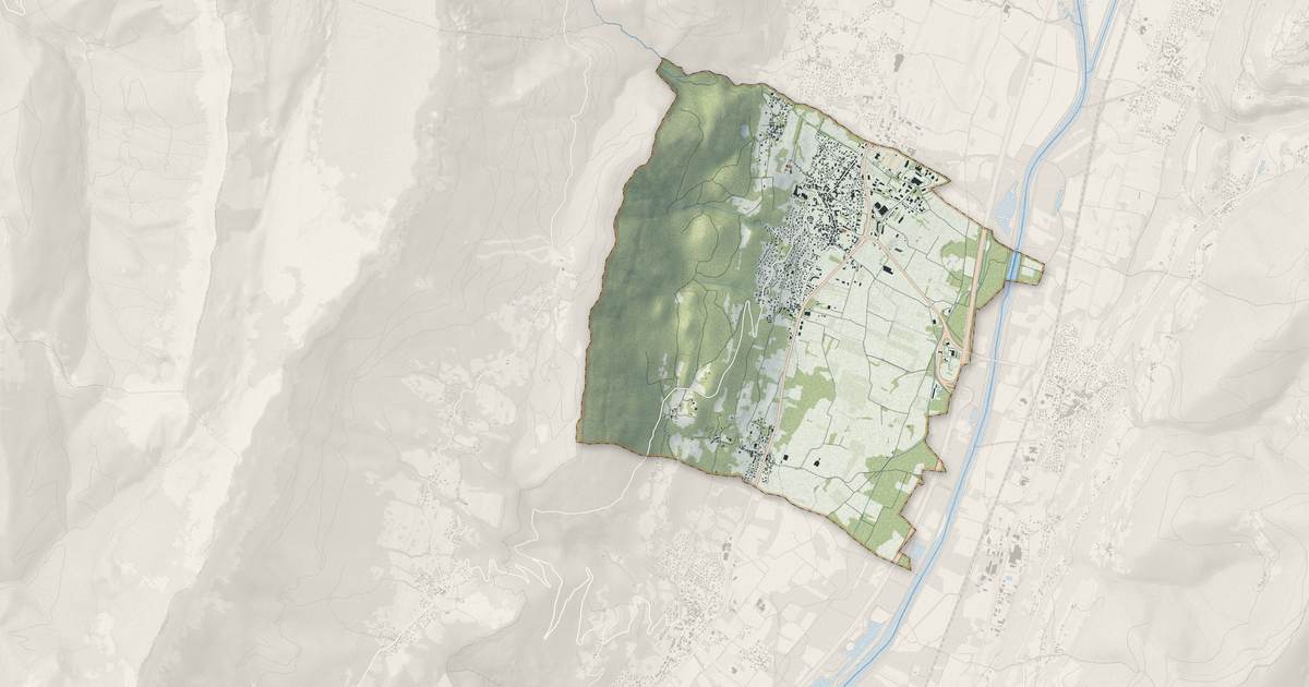 Portrait cartographique de Le Touvet : relief, eau, forêts, bâti et voies, calculés à partir des données de l'IGN