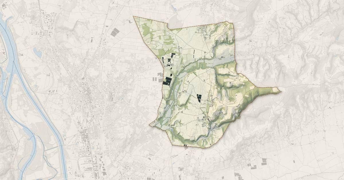 Portrait cartographique de Ville-sous-Anjou : relief, eau, forêts, bâti et voies, calculés à partir des données de l'IGN