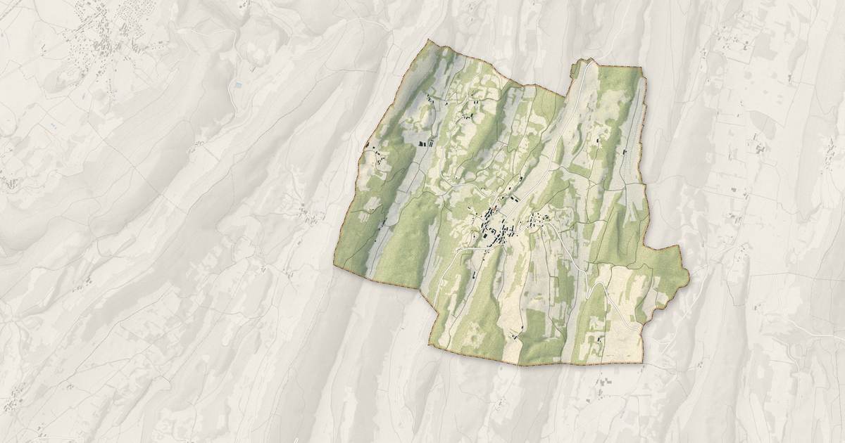 Portrait cartographique de Augisey : relief, eau, forêts, bâti et voies, calculés à partir des données de l'IGN