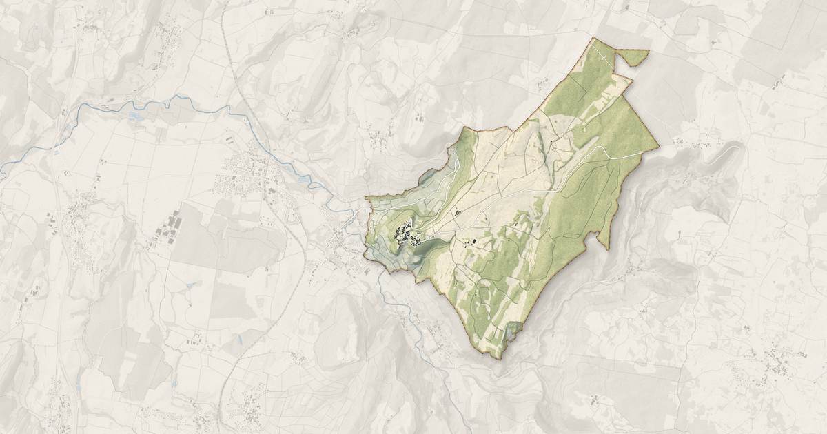 Portrait cartographique de Château-Chalon : relief, eau, forêts, bâti et voies, calculés à partir des données de l'IGN
