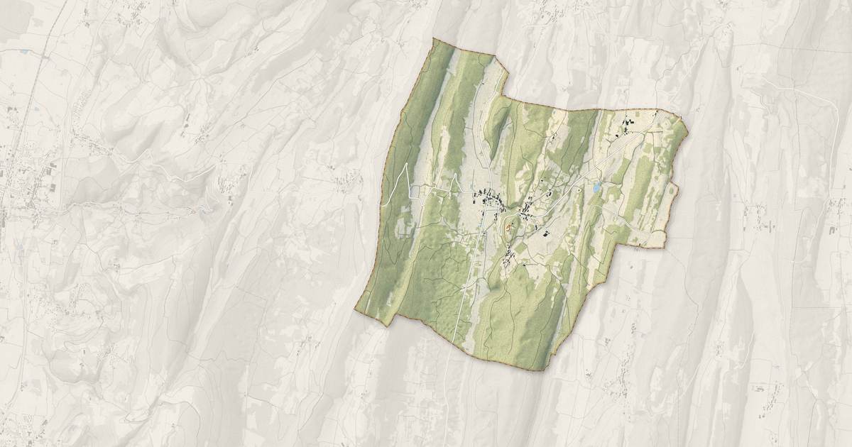 Portrait cartographique de Cressia : relief, eau, forêts, bâti et voies, calculés à partir des données de l'IGN