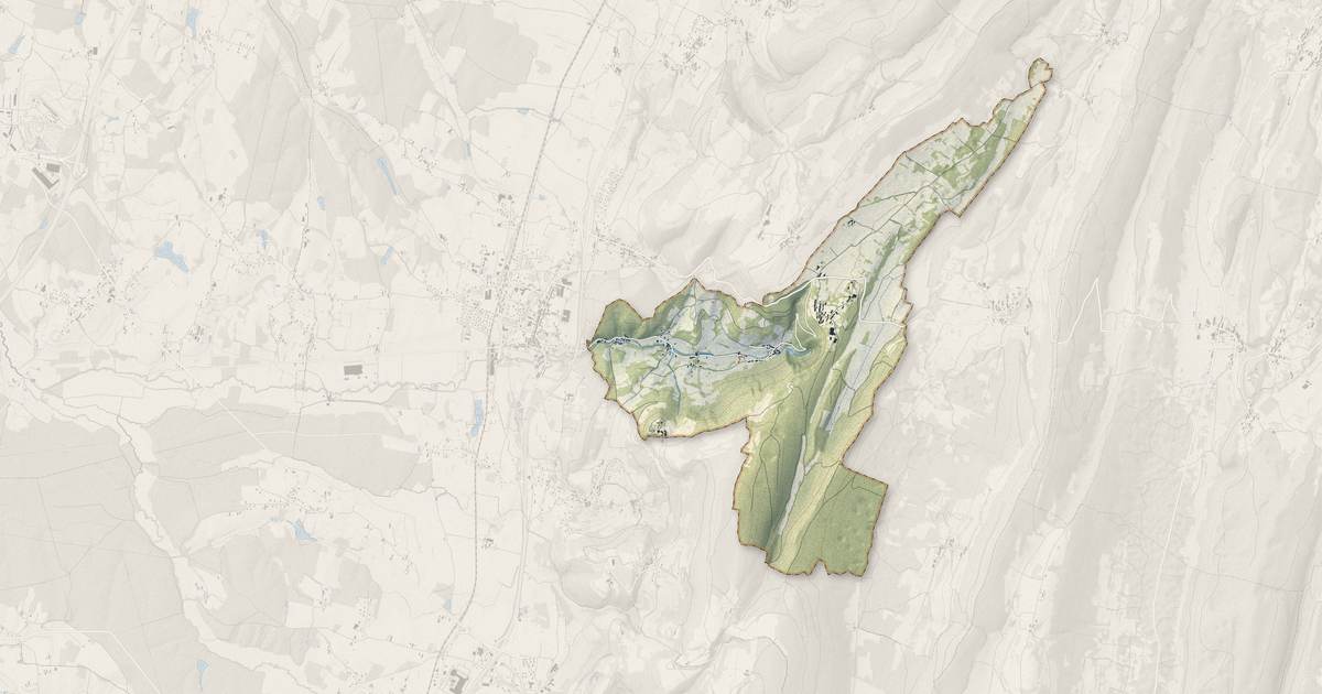 Portrait cartographique de Gizia : relief, eau, forêts, bâti et voies, calculés à partir des données de l'IGN