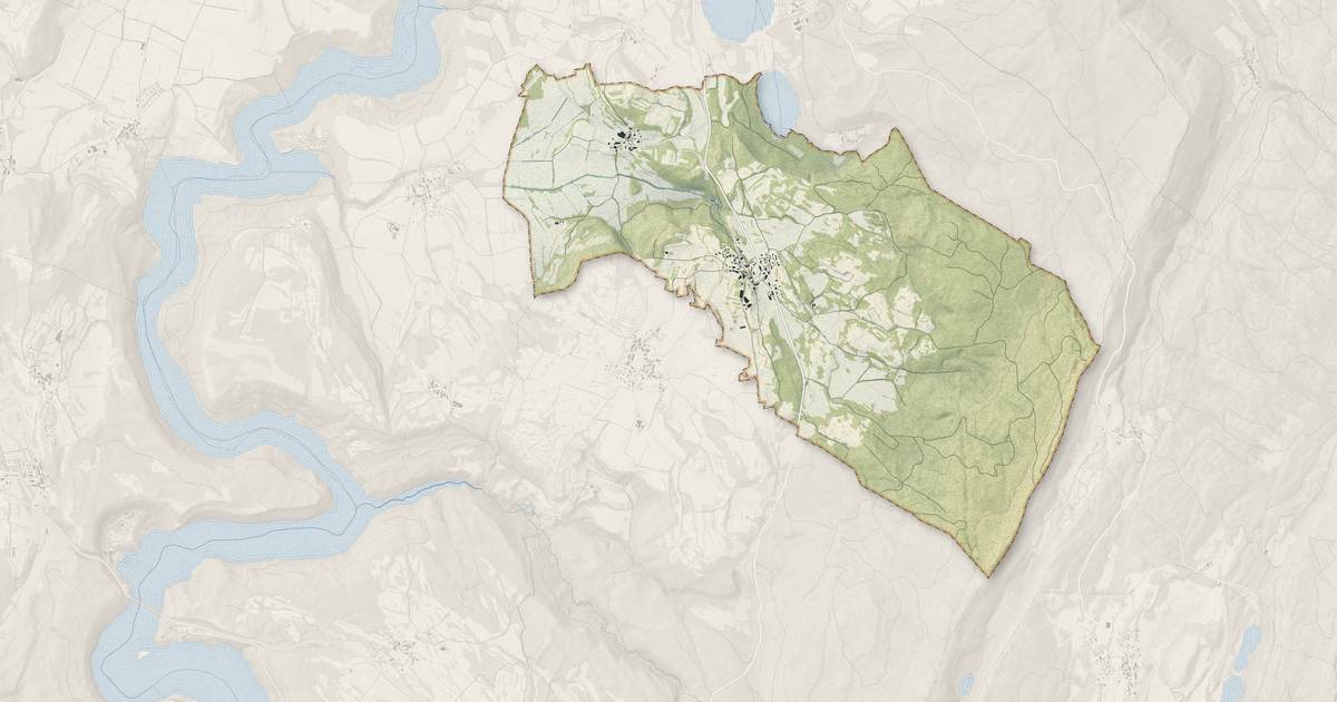 Portrait cartographique de Soucia : relief, eau, forêts, bâti et voies, calculés à partir des données de l'IGN