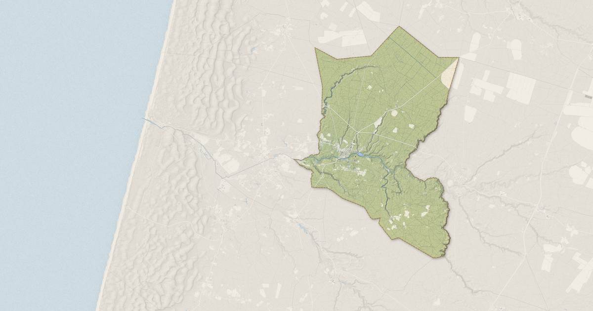 Portrait cartographique de Mézos : relief, eau, forêts, bâti et voies, calculés à partir des données de l'IGN