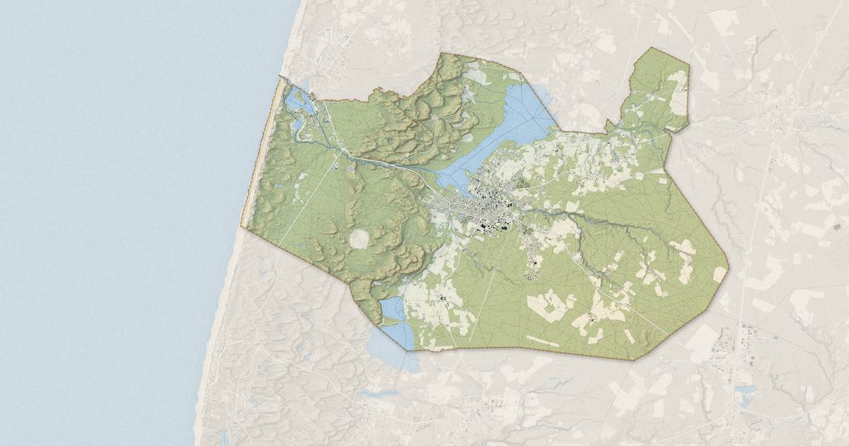 Portrait cartographique de Soustons : relief, eau, forêts, bâti et voies, calculés à partir des données de l'IGN