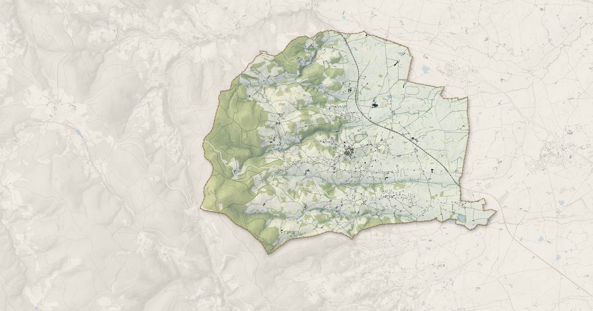 Portrait cartographique de Ambierle : relief, eau, forêts, bâti et voies, calculés à partir des données de l'IGN