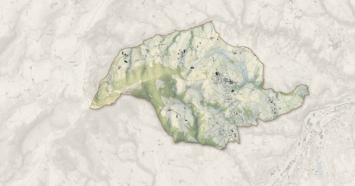 Portrait cartographique de Cellieu : relief, eau, forêts, bâti et voies, calculés à partir des données de l'IGN