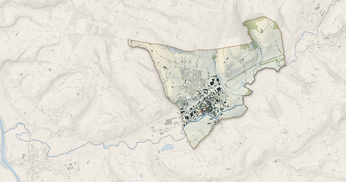 Portrait cartographique de Charlieu : relief, eau, forêts, bâti et voies, calculés à partir des données de l'IGN