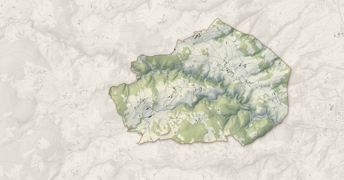 Portrait cartographique de Essertines-en-Châtelneuf : relief, eau, forêts, bâti et voies, calculés à partir des données de l'IGN