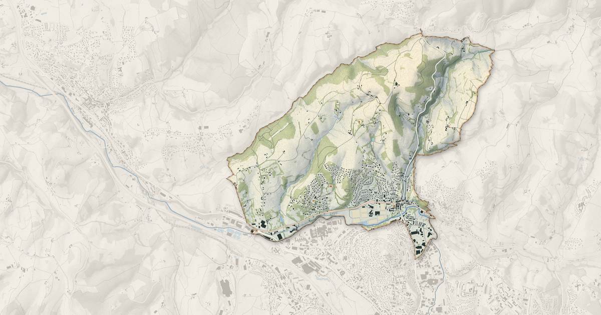 Portrait cartographique de L'Étrat : relief, eau, forêts, bâti et voies, calculés à partir des données de l'IGN