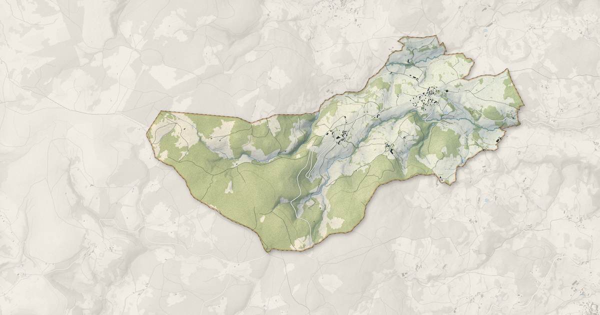 Portrait cartographique de Lérigneux : relief, eau, forêts, bâti et voies, calculés à partir des données de l'IGN
