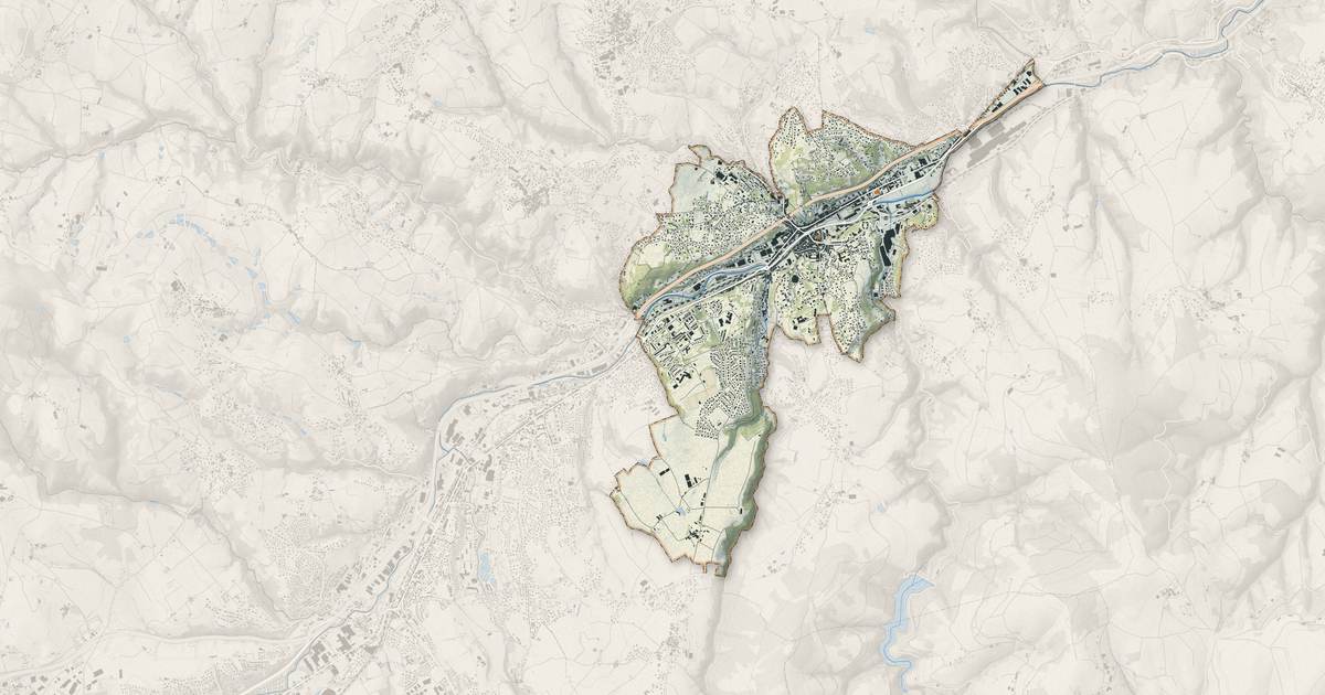 Portrait cartographique de Rive-de-Gier : relief, eau, forêts, bâti et voies, calculés à partir des données de l'IGN