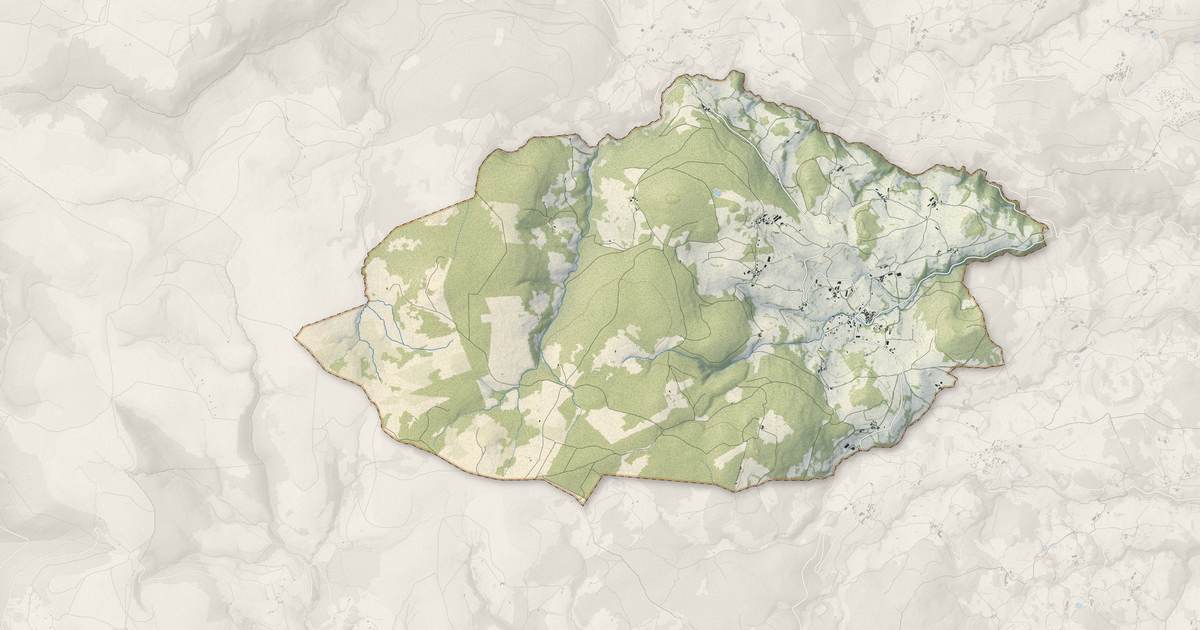 Portrait cartographique de Roche-en-Forez : relief, eau, forêts, bâti et voies, calculés à partir des données de l'IGN