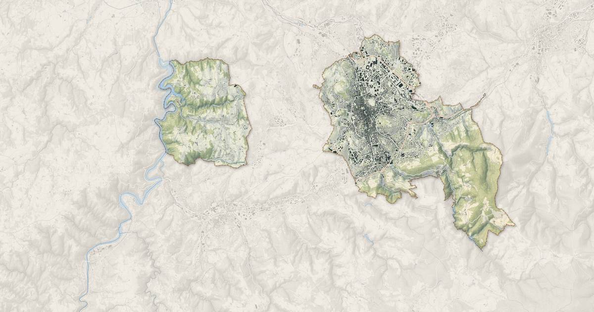 Portrait cartographique de Saint-Étienne : relief, eau, forêts, bâti et voies, calculés à partir des données de l'IGN