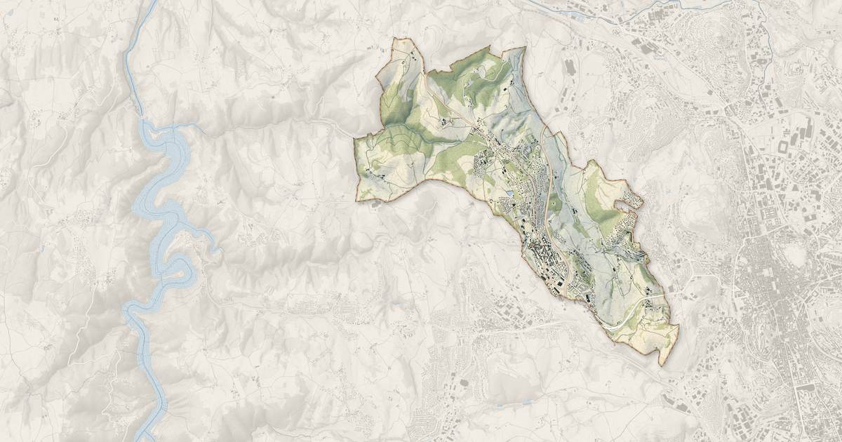 Portrait cartographique de Saint-Genest-Lerpt : relief, eau, forêts, bâti et voies, calculés à partir des données de l'IGN