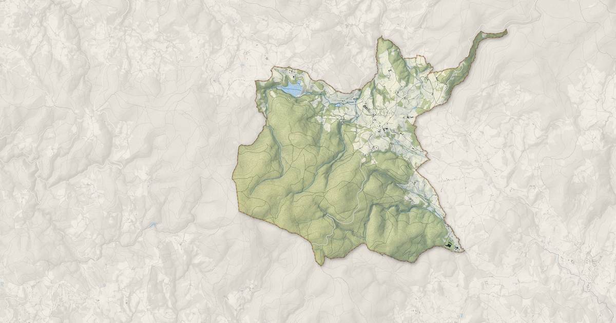 Portrait cartographique de Saint-Priest-la-Prugne : relief, eau, forêts, bâti et voies, calculés à partir des données de l'IGN