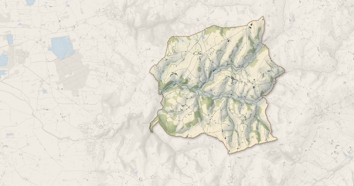 Portrait cartographique de Virigneux : relief, eau, forêts, bâti et voies, calculés à partir des données de l'IGN