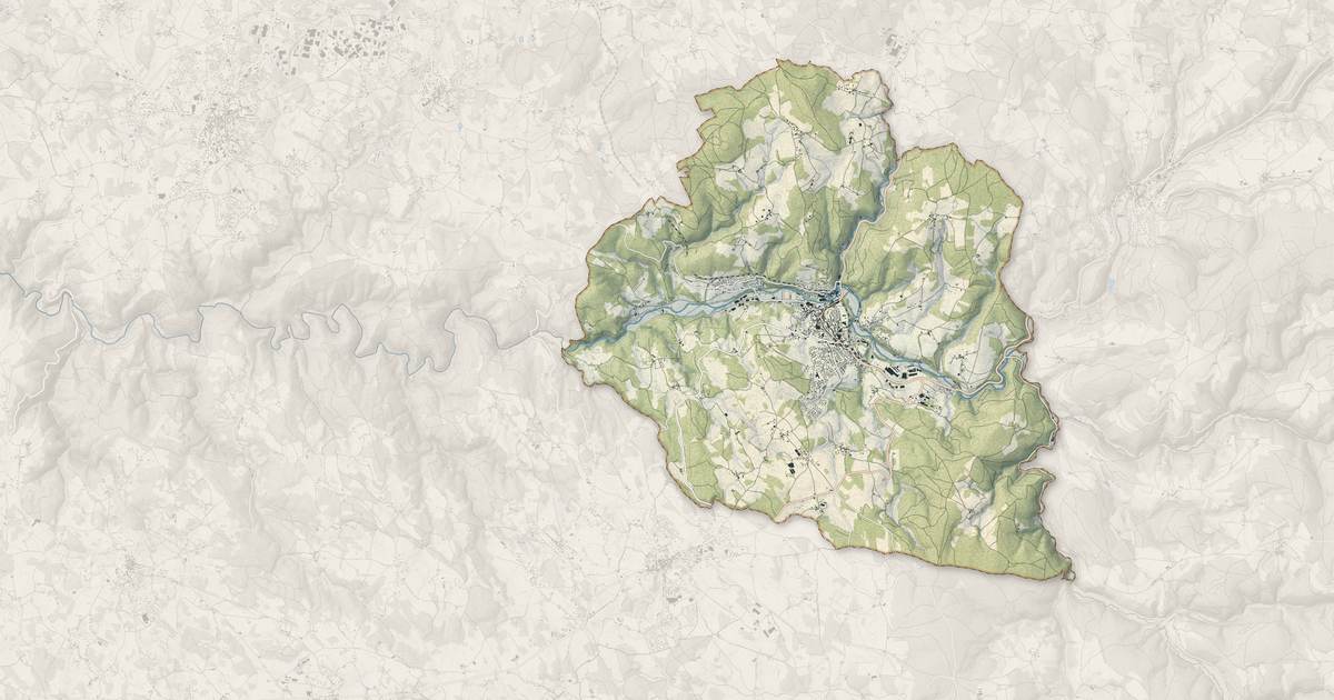Portrait cartographique de Dunières : relief, eau, forêts, bâti et voies, calculés à partir des données de l'IGN