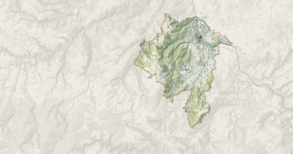 Portrait cartographique de Langeac : relief, eau, forêts, bâti et voies, calculés à partir des données de l'IGN