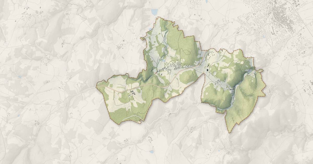 Portrait cartographique de Saint-Laurent-Chabreuges : relief, eau, forêts, bâti et voies, calculés à partir des données de l'IGN