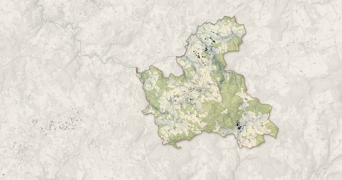Portrait cartographique de Saint-Romain-Lachalm : relief, eau, forêts, bâti et voies, calculés à partir des données de l'IGN