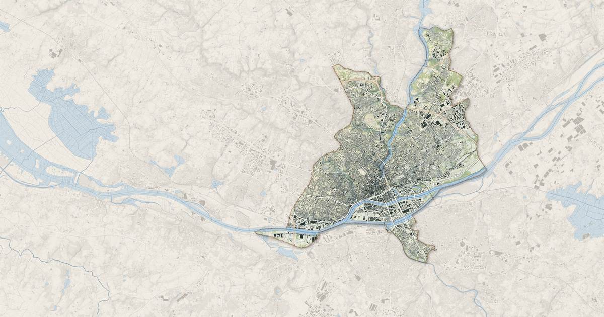 Portrait cartographique de Nantes : relief, eau, forêts, bâti et voies, calculés à partir des données de l'IGN