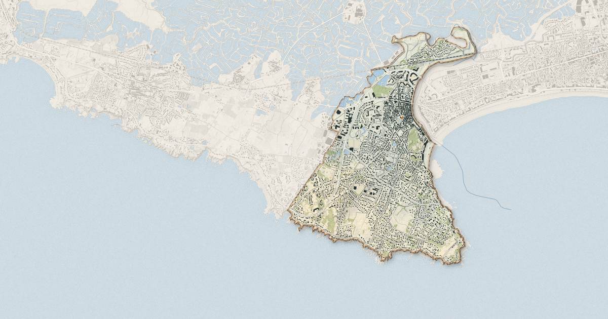 Portrait cartographique de Le Pouliguen : relief, eau, forêts, bâti et voies, calculés à partir des données de l'IGN