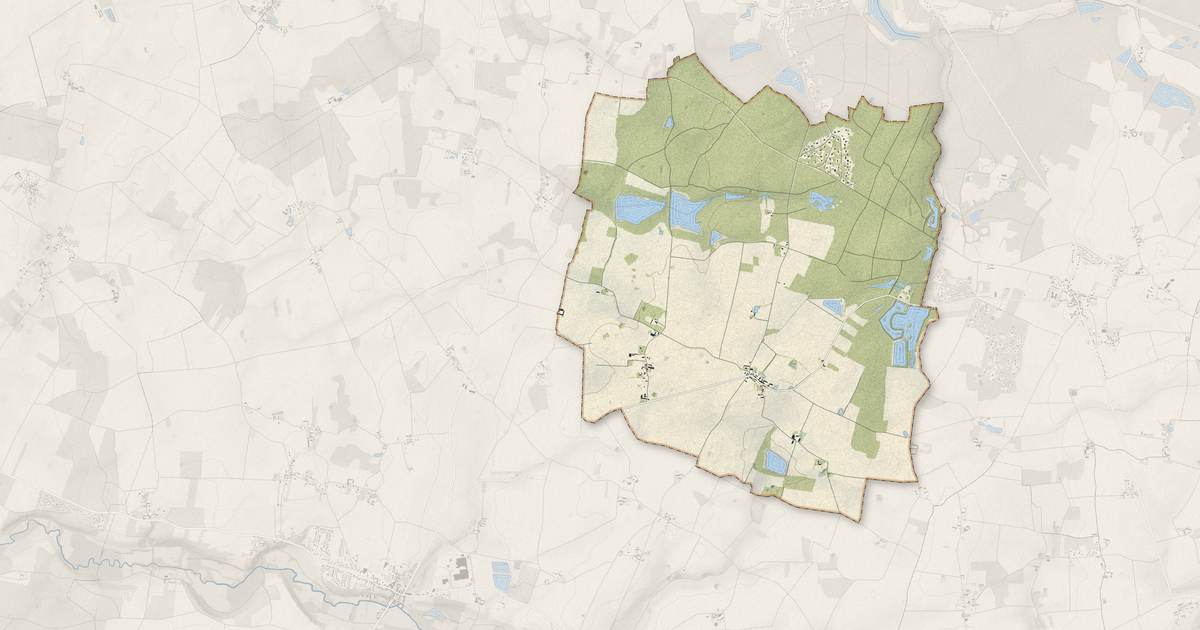 Portrait cartographique de Mérinville : relief, eau, forêts, bâti et voies, calculés à partir des données de l'IGN