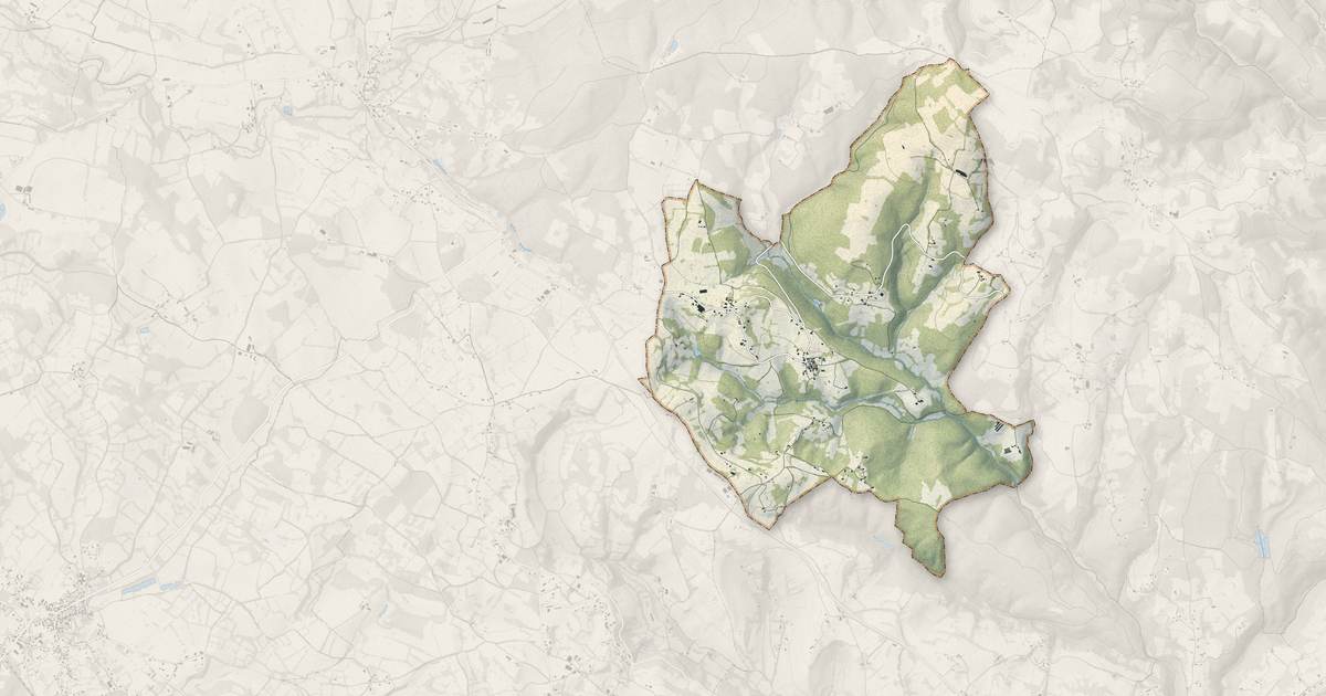 Portrait cartographique de Le Bouyssou : relief, eau, forêts, bâti et voies, calculés à partir des données de l'IGN