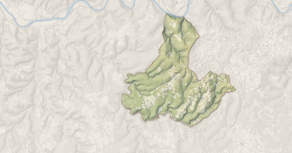 Portrait cartographique de Esclauzels : relief, eau, forêts, bâti et voies, calculés à partir des données de l'IGN
