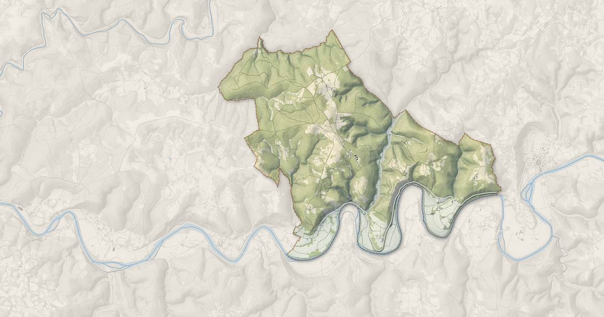 Portrait cartographique de Larnagol : relief, eau, forêts, bâti et voies, calculés à partir des données de l'IGN