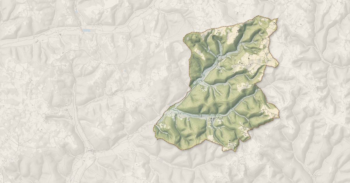 Portrait cartographique de Maxou : relief, eau, forêts, bâti et voies, calculés à partir des données de l'IGN