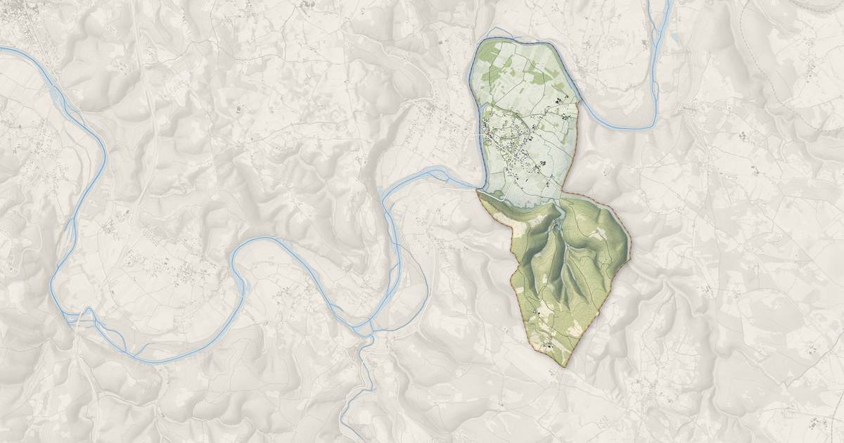 Portrait cartographique de Meyronne : relief, eau, forêts, bâti et voies, calculés à partir des données de l'IGN