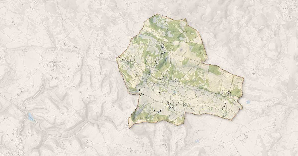 Portrait cartographique de Padirac : relief, eau, forêts, bâti et voies, calculés à partir des données de l'IGN