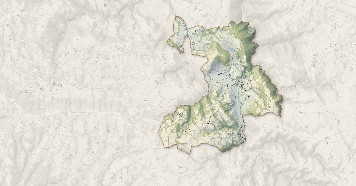 Portrait cartographique de Terrou : relief, eau, forêts, bâti et voies, calculés à partir des données de l'IGN