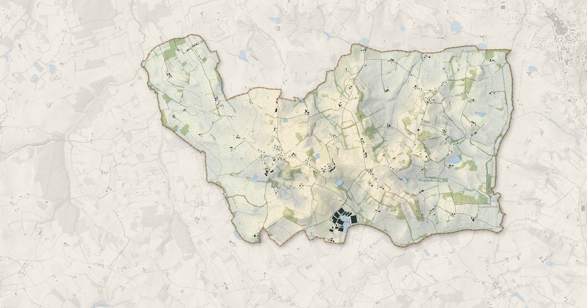 Portrait cartographique de Douzains : relief, eau, forêts, bâti et voies, calculés à partir des données de l'IGN
