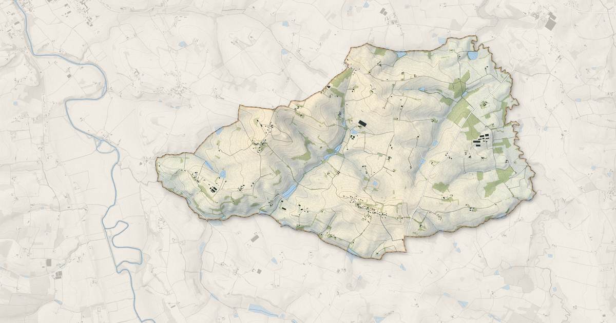 Portrait cartographique de Fieux : relief, eau, forêts, bâti et voies, calculés à partir des données de l'IGN