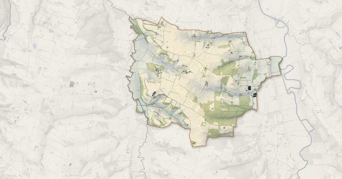 Portrait cartographique de Fréchou : relief, eau, forêts, bâti et voies, calculés à partir des données de l'IGN