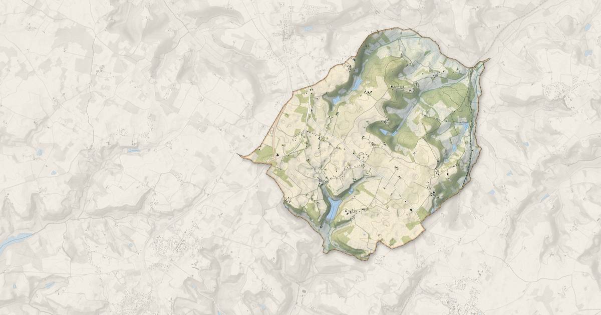 Portrait cartographique de Monbalen : relief, eau, forêts, bâti et voies, calculés à partir des données de l'IGN