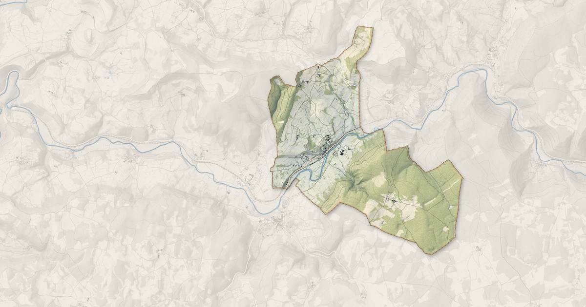 Portrait cartographique de Esclanèdes : relief, eau, forêts, bâti et voies, calculés à partir des données de l'IGN