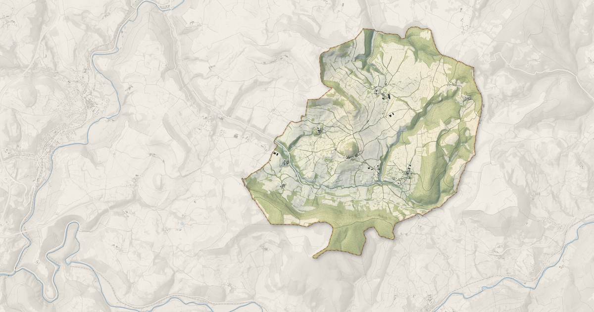 Portrait cartographique de Grèzes : relief, eau, forêts, bâti et voies, calculés à partir des données de l'IGN