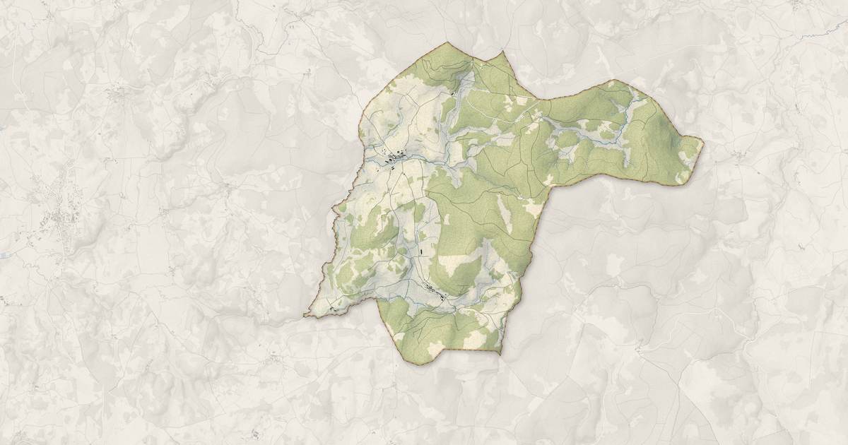 Portrait cartographique de Sainte-Eulalie : relief, eau, forêts, bâti et voies, calculés à partir des données de l'IGN