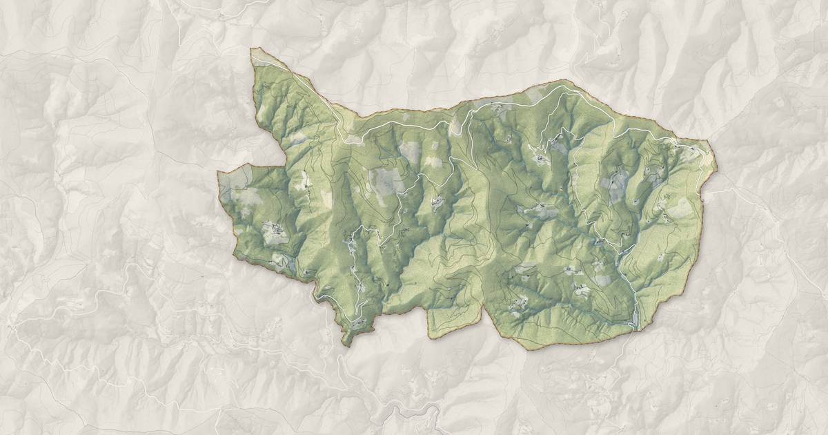 Portrait cartographique de Ventalon en Cévennes : relief, eau, forêts, bâti et voies, calculés à partir des données de l'IGN