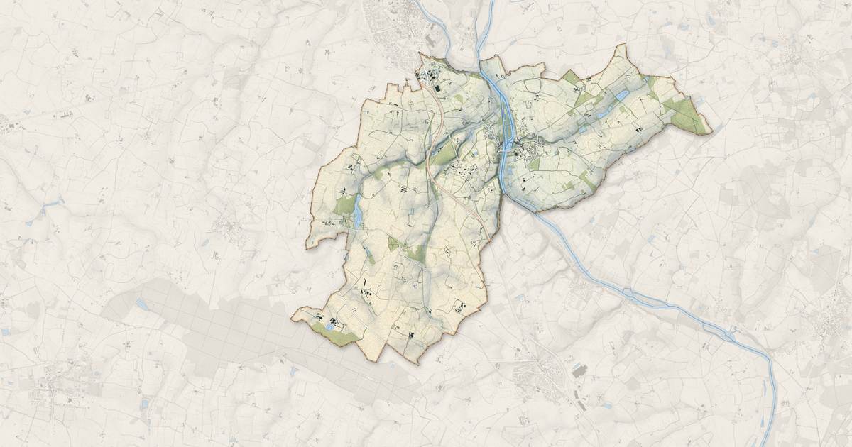 Portrait cartographique de Grez-Neuville : relief, eau, forêts, bâti et voies, calculés à partir des données de l'IGN