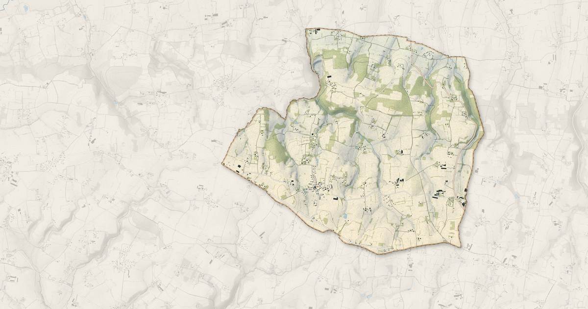 Portrait cartographique de Le Grand-Celland : relief, eau, forêts, bâti et voies, calculés à partir des données de l'IGN