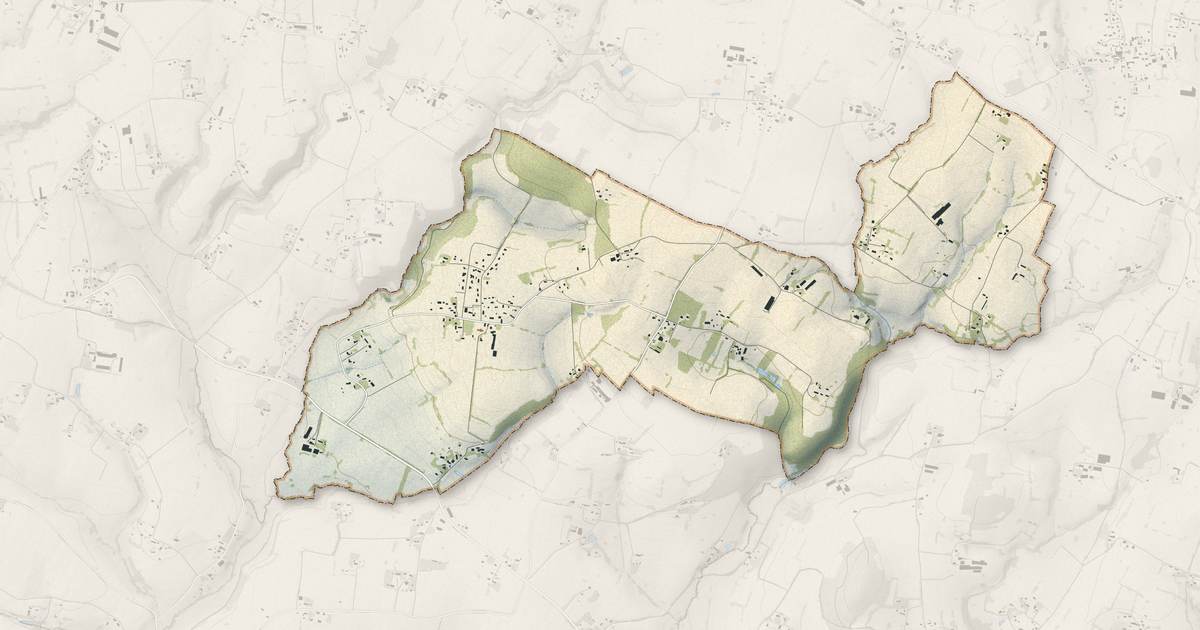 Portrait cartographique de Le Mesnil-Ozenne : relief, eau, forêts, bâti et voies, calculés à partir des données de l'IGN