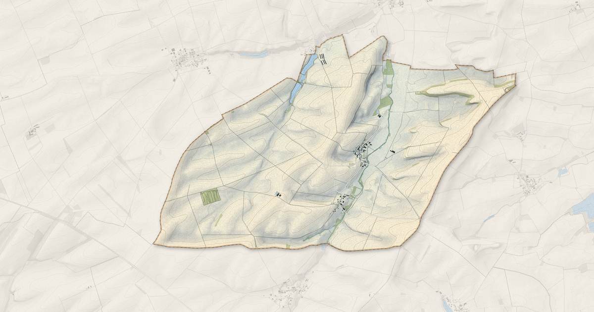 Portrait cartographique de Dommartin-Varimont : relief, eau, forêts, bâti et voies, calculés à partir des données de l'IGN