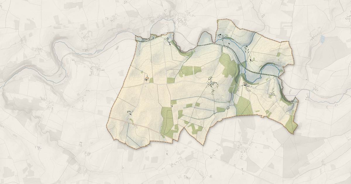 Portrait cartographique de Villeneuve-la-Lionne : relief, eau, forêts, bâti et voies, calculés à partir des données de l'IGN